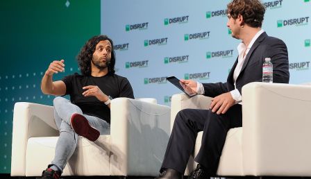 Robinhood co-founder Baiju Bhatt (left) and moderator Josh Constine (right)